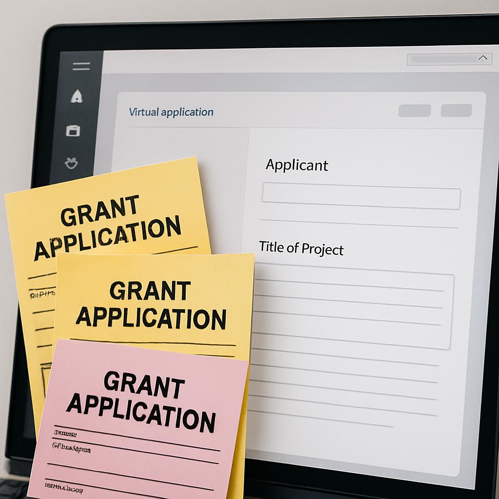 Several pieces of paper with "GRANT APPLICATION" written on them are laid out in front of an open laptop on a (blurred and...